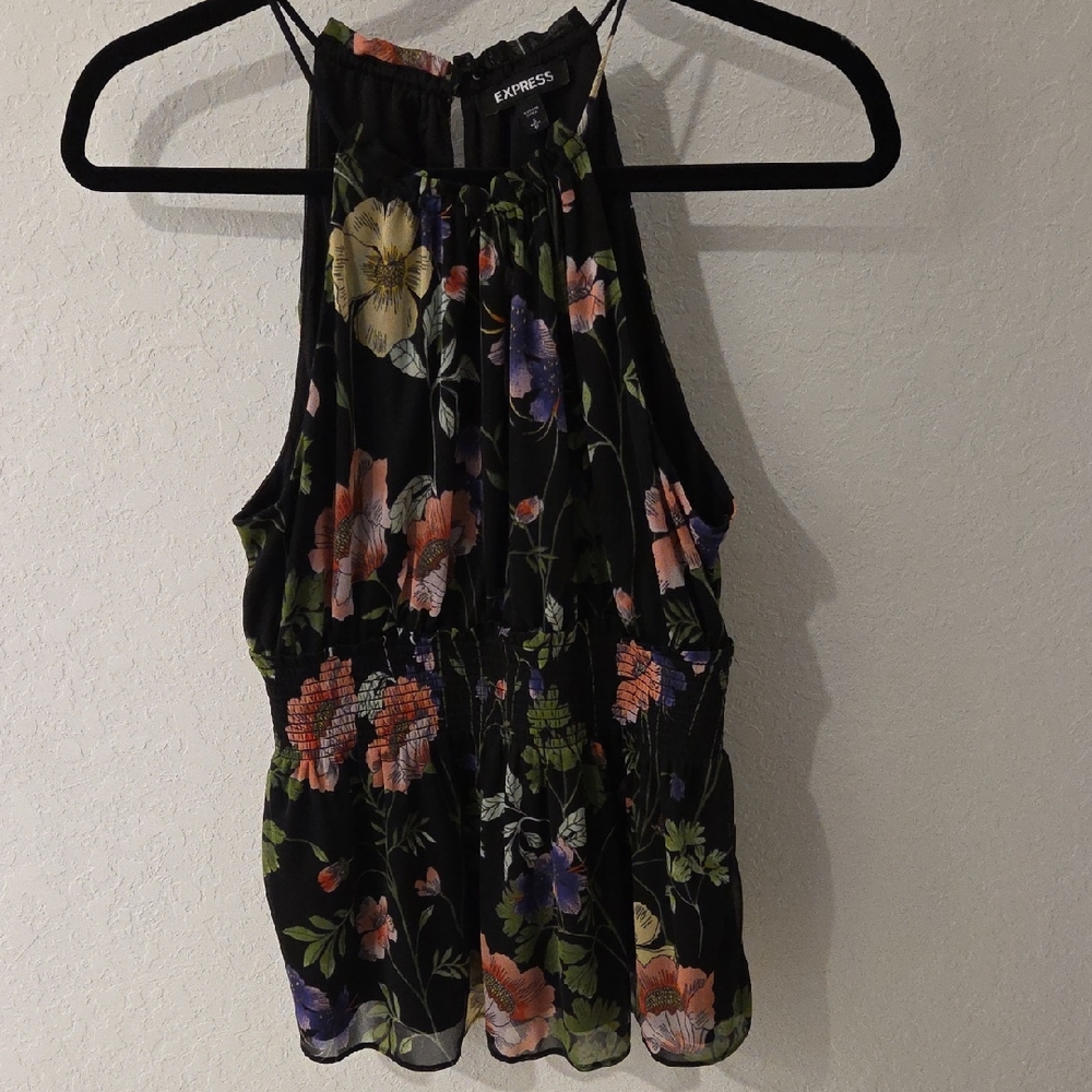 Express Floral Print Halter Tank Top - Black and Multicolor